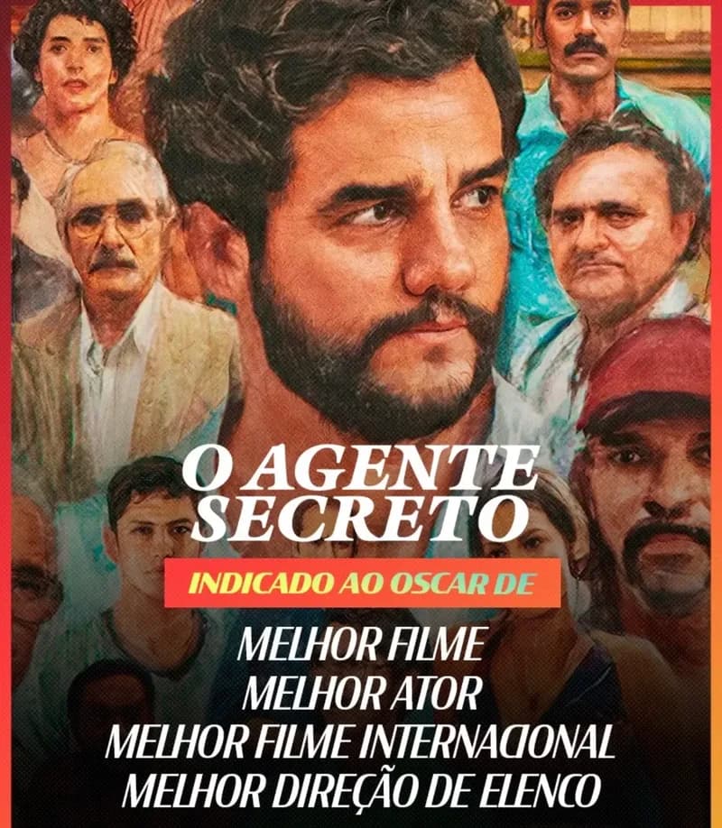 Peça de divulgação de O Agente Secreto com as quatro indicações ao Oscar sobre colagem de personagens, case HOUSECULTURA